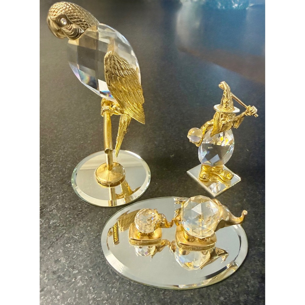Vintage Crystal Parrot Bird & Wizard Figurines Gold Tone Faceted Glass Set of 2